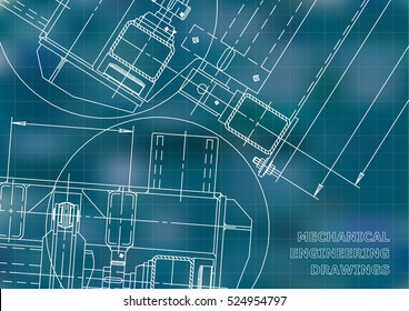 Mechanical Engineering drawing. Blueprints. Mechanics. Cover. Engineering design. Blue. Grid