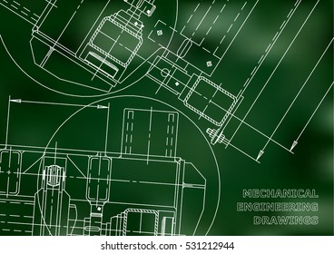 Mechanical Engineering drawing. Blueprints. Mechanics. Cover. Engineering design. Green