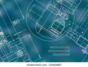 Mechanical Engineering drawing. Blueprints. Mechanics. Cover, background, banner. Blue. Points