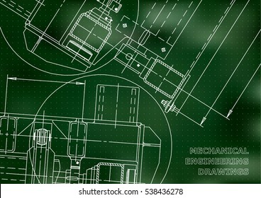 Mechanical Engineering drawing. Blueprints. Mechanics. Cover. Engineering design. Green. Points