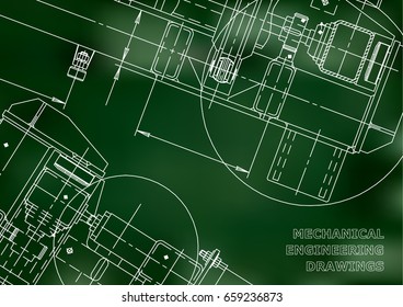Mechanical Engineering drawing. Blueprints. Mechanics. Cover, background. Green