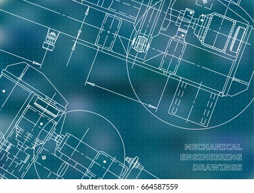 Mechanical Engineering drawing. Blueprints. Mechanics. Cover, background. Blue. Points