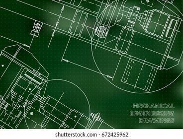 Mechanical Engineering drawing. Blueprints. Mechanics. Cover, background. Green. Points