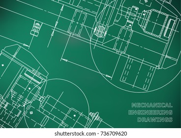 Mechanical Engineering drawing. Blueprints. Mechanics. Cover, background. Light green