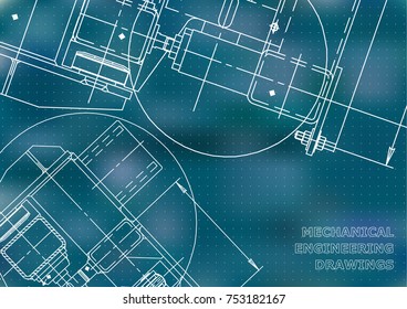 Mechanical Engineering drawing. Blueprints. Mechanics. Cover. Blue background. Points
