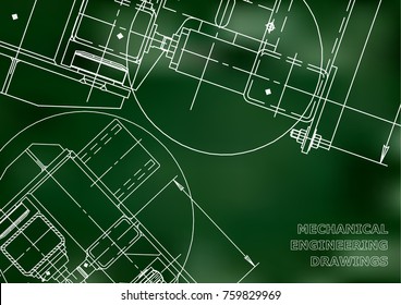 Mechanical Engineering drawing. Blueprints. Mechanics. Cover. Green background