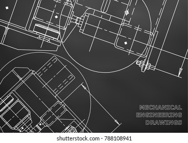 Mechanical Engineering drawing. Blueprints. Mechanics. Cover. Black background