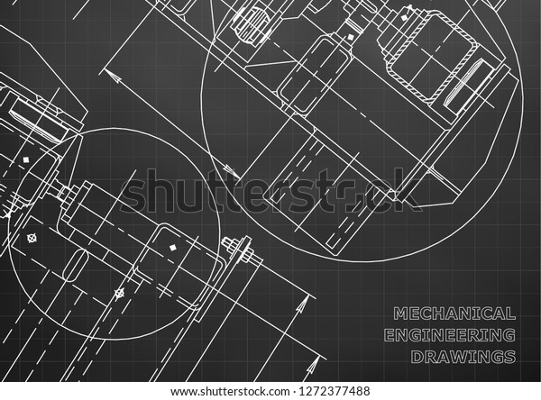 Mechanical Engineering drawing. Blueprints.\
Mechanics. Cover. Engineering design, instrumentation. Black\
background. Grid