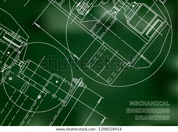 Mechanical Engineering drawing. Blueprints.\
Mechanics. Cover. Engineering design, instrumentation. Green\
background. Points