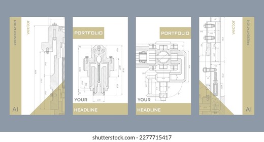  Dibujo mecánico de ingeniería .Plantillas de folletos o libro de portada, diseño de página, diseño de volante.Ilustración vectorial.