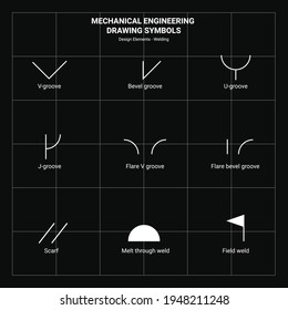 Símbolo de dibujo de ingeniería mecánica. Elementos de diseño, soldadura. Estilo de vector