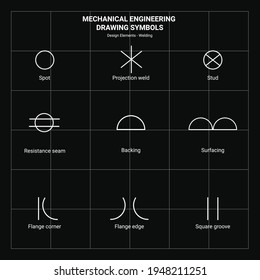 Símbolo de dibujo de ingeniería mecánica. Elementos de diseño, soldadura. Estilo de vector