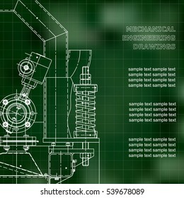 Mechanical engineering the drawing. Technical illustrations. The drawing for technical design. A cover, a place for inscriptions. Green. Grid