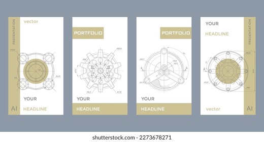  Mechanical Engineering drawing.Set of templates for brochures.Vector illustration.