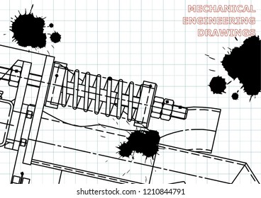 Mechanical engineering drawings. Background for inscription. Cover, Corporate Identity. Draft. Black Ink. Blots