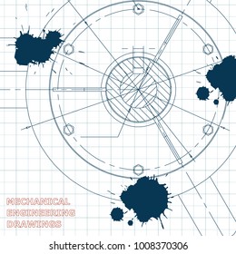 Mechanical engineering drawings. Engineering illustration. Draft. Ink. Blots