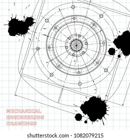 Mechanical engineering drawings. Engineering illustration. Vector. Draft. Black Ink. Blots