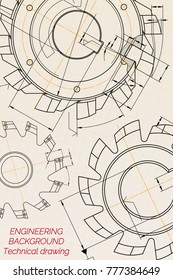 Mechanical engineering drawings on beige technical paper background. Cutting tools, milling cutter. Industrial Design. Cover. Blueprint. Business business. Vector illustration.