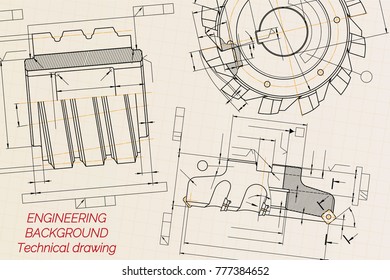 Mechanical engineering drawings on beige technical paper background. Cutting tools, milling cutter. Industrial Design. Cover. Blueprint. Business business. Vector illustration.
