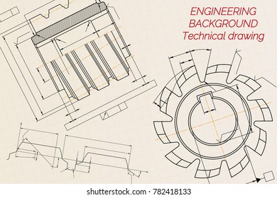 Mechanical engineering drawings on beige technical paper background. Cutting tools, milling cutter. Industrial Design. Cover. Blueprint. Business business. Vector illustration.