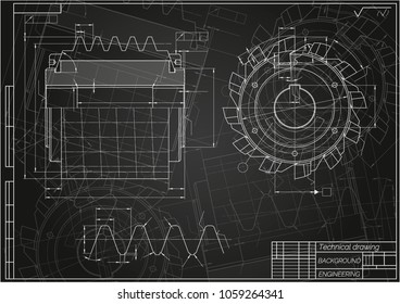 Mechanical engineering drawings on black background. Cutting tools, milling cutter. Technical Design. Cover. Blueprint. Vector illustration.