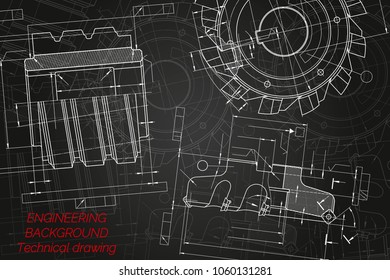 Mechanical engineering drawings on black background. Cutting tools, milling cutter. Technical Design. Cover. Blueprint. Vector illustration.