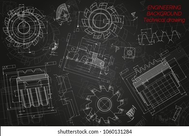 Mechanical engineering drawings on black background. Cutting tools, milling cutter. Technical Design. Cover. Blueprint. Vector illustration.