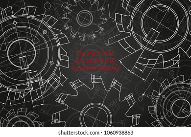 Mechanical engineering drawings on black background. Cutting tools, milling cutter. Technical Design. Cover. Blueprint. Vector illustration.