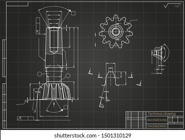 Mechanical engineering drawings on black background. Tap tools,  borer. Technical Design. Cover. Blueprint. Vector illustration.