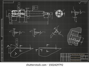 Mechanical engineering drawings on black background. Tap tools,  borer. Technical Design. Cover. Blueprint. Vector illustration.