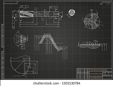 Mechanical engineering drawings on black background. Tap tools,  borer. Technical Design. Cover. Blueprint. Vector illustration.