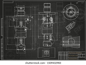 Mechanical engineering drawings on black background. Tap tools,  borer. Technical Design. Cover. Blueprint. Vector illustration.