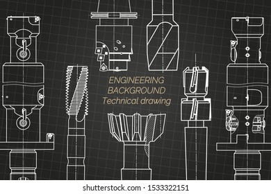 Mechanical engineering drawings on black background. Tap tools,  borer. Technical Design. Cover. Blueprint. Vector illustration.