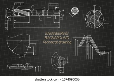 Mechanical engineering drawings on black background. Tap tools,  borer. Technical Design. Cover. Blueprint. Vector illustration.