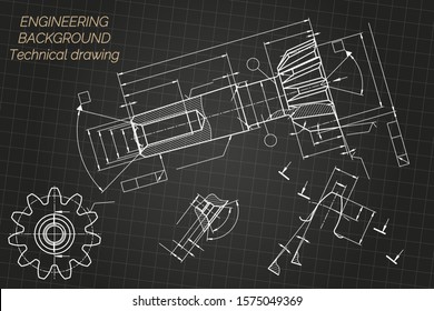 Mechanical engineering drawings on black background. Tap tools,  borer. Technical Design. Cover. Blueprint. Vector illustration.