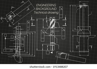Mechanical engineering drawings on black background. Tap tools,  borer, cutting tools, milling cutter. Technical Design. Cover. Blueprint. Vector illustration