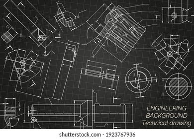 Mechanical engineering drawings on black background. Tap tools,  borer, cutting tools, milling cutter. Technical Design. Cover. Blueprint. Vector illustration