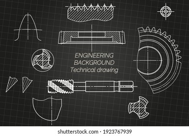 Dibujos mecánicos de ingeniería sobre fondo negro. Herramientas de grifo, borer, herramientas de corte, fresador. Diseño técnico. Cubierta. Blueprint. Ilustración del vector