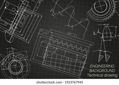 Mechanical engineering drawings on black background. Tap tools,  borer, cutting tools, milling cutter. Technical Design. Cover. Blueprint. Vector illustration