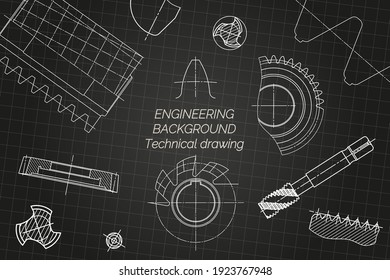 Mechanical engineering drawings on black background. Tap tools,  borer, cutting tools, milling cutter. Technical Design. Cover. Blueprint. Vector illustration