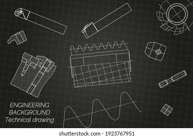 Mechanical engineering drawings on black background. Tap tools,  borer, cutting tools, milling cutter. Technical Design. Cover. Blueprint. Vector illustration