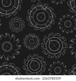 Mechanical engineering drawings on black background. Cutting tools, milling cutter. Technical Design. Cover. Blueprint. Seamless pattern. Vector illustration.