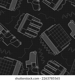 Mechanical engineering drawings on black background. Cutting tools, milling cutter. Technical Design. Cover. Blueprint. Seamless pattern. Vector illustration.