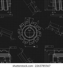 Mechanical engineering drawings on black background. Cutting tools, milling cutter. Technical Design. Cover. Blueprint. Seamless pattern. Vector illustration.