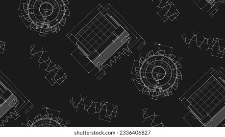 Mechanical engineering drawings on black background. Cutting tools, milling cutter. Technical Design. Cover. Blueprint. Seamless pattern. Vector illustration.