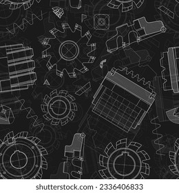 Mechanical engineering drawings on black background. Cutting tools, milling cutter. Technical Design. Cover. Blueprint. Seamless pattern. Vector illustration.