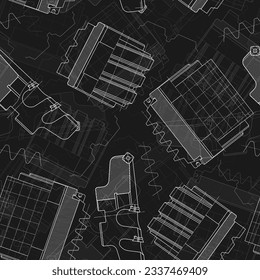 Mechanical engineering drawings on black background. Cutting tools, milling cutter. Technical Design. Cover. Blueprint. Seamless pattern. Vector illustration.