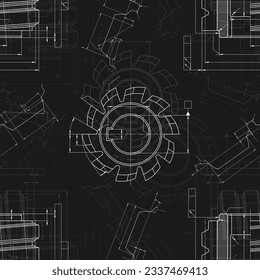 Mechanical engineering drawings on black background. Cutting tools, milling cutter. Technical Design. Cover. Blueprint. Seamless pattern. Vector illustration.