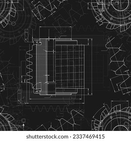 Mechanical engineering drawings on black background. Cutting tools, milling cutter. Technical Design. Cover. Blueprint. Seamless pattern. Vector illustration.