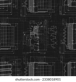 Mechanical engineering drawings on black background. Cutting tools, milling cutter. Technical Design. Cover. Blueprint. Seamless pattern. Vector illustration.